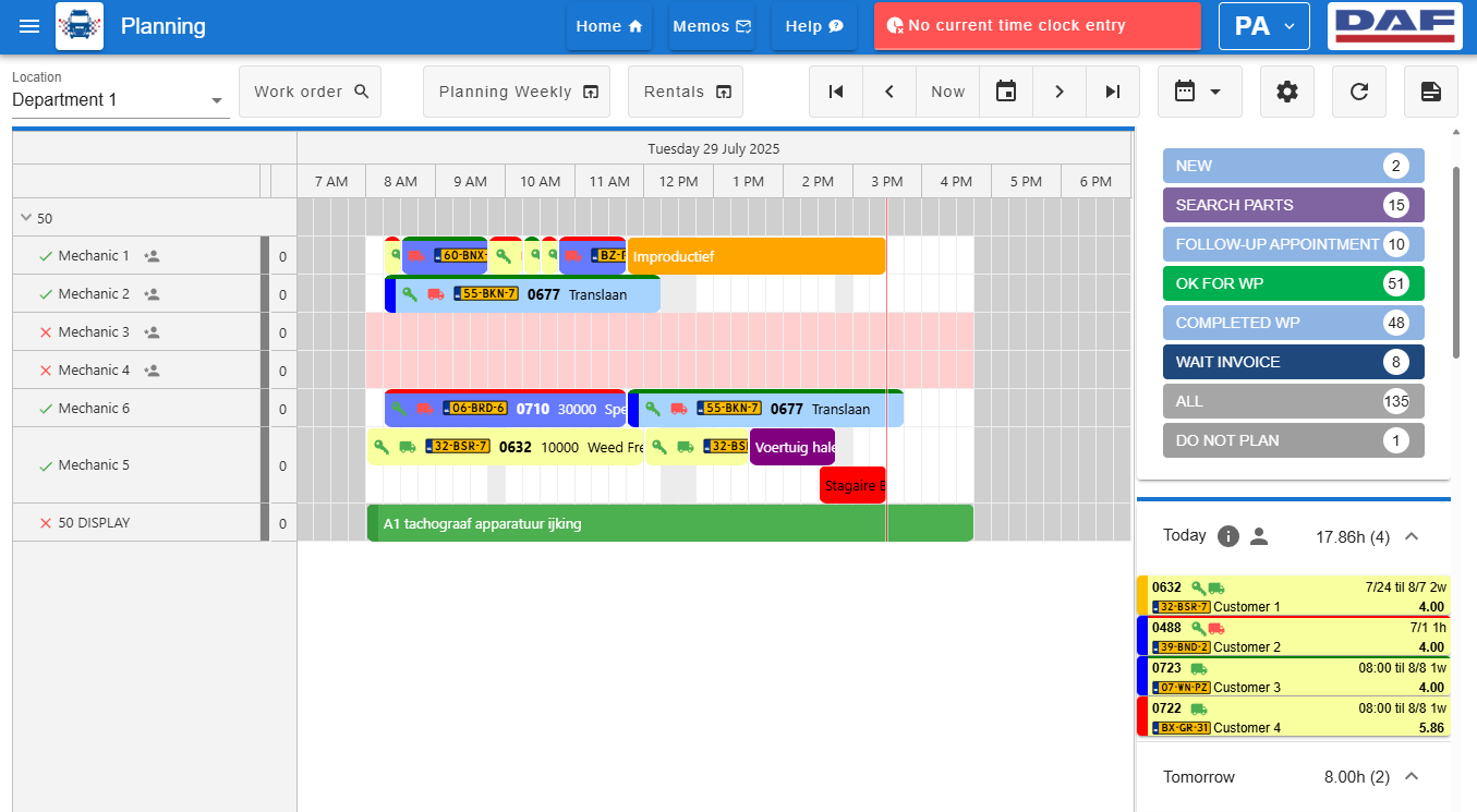 Pitstop planning dashboard interface showing work scheduling, resource allocation and team management for truck dealership workshops