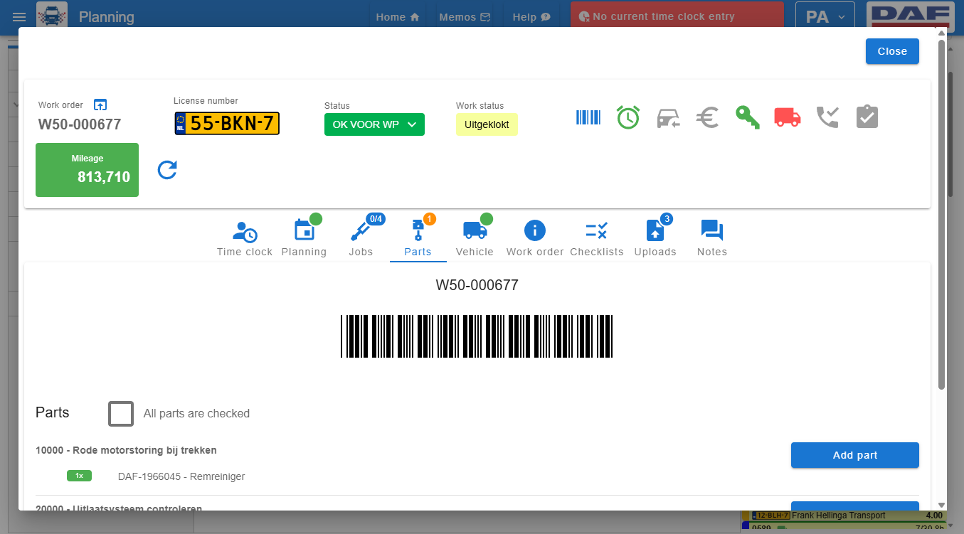Pitstop digital work orders system showing detailed service instructions, progress tracking and team communication for truck maintenance